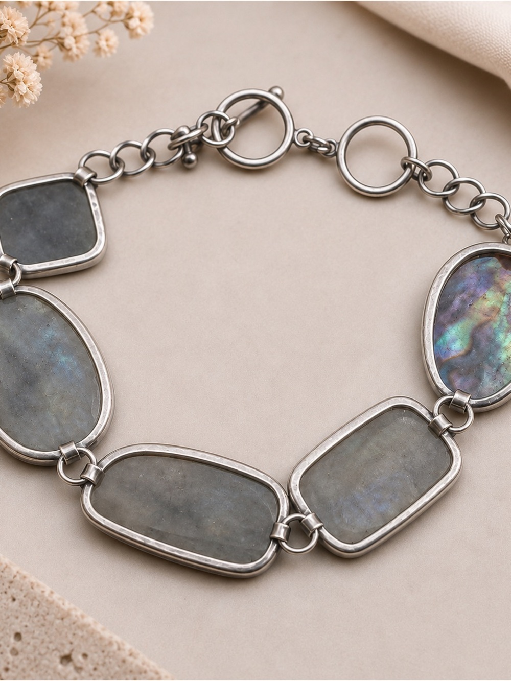 Lucas Lameth Sterling Silver Abalone Toggle Clasp Bracelet 7-8 Inches LUC 925 - Picture 2 of 3